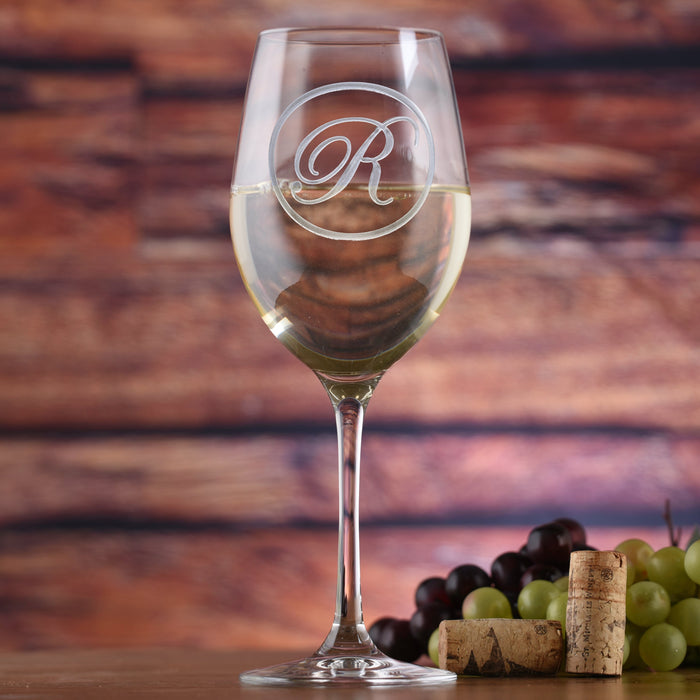 Etched Monogram Stolzle Crystal White Wine Glass
