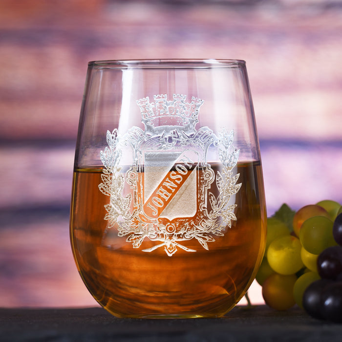 Family Crest Engraved Stemless Wine Glass, Gift Set