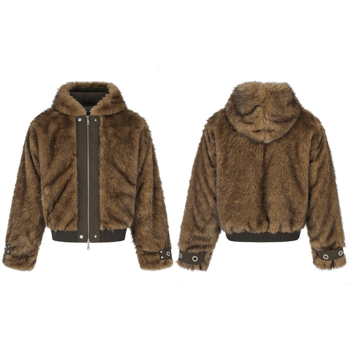 Faux Fur Hooded Bomber Jacket – Brown Short-Cut Zip-Up with PU Leather Trim