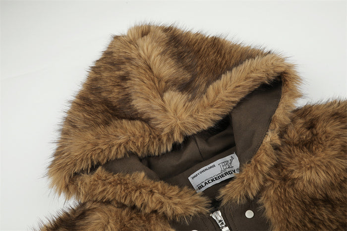 Faux Fur Hooded Bomber Jacket – Brown Short-Cut Zip-Up with PU Leather Trim