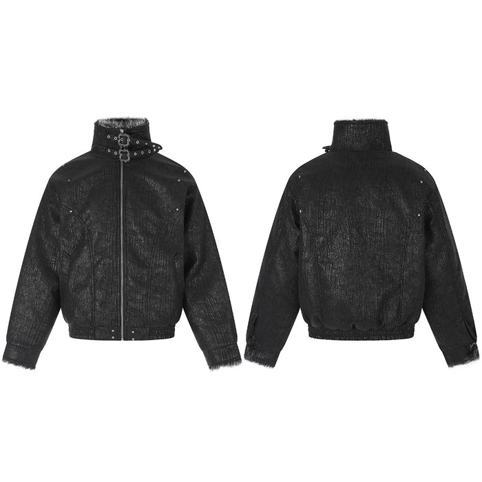 Black padded bomber jacket shown from the front and back with faux fur collar and ribbed cuffs