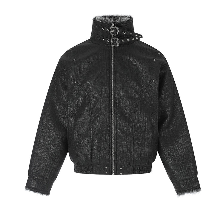 Front view of a black padded bomber jacket with faux fur stand collar, buckle detail, and zipper