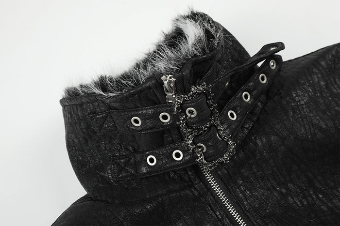 Close-up of the black bomber jacket collar showing gray faux fur trim, buckle, and metal eyelets