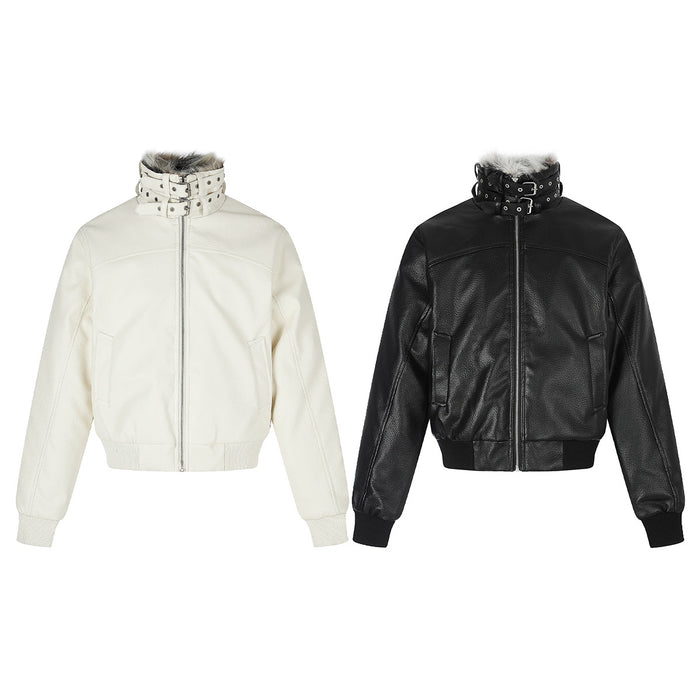White and black faux leather bomber jackets with fur collars, front views showing buckled neck details