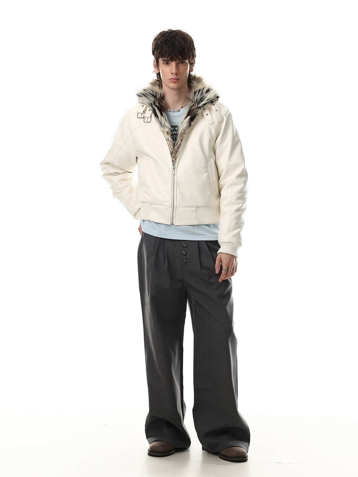 Full-length model view of the white faux leather bomber jacket with fur collar and front zipper