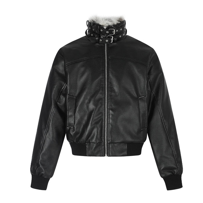 Black faux leather bomber jacket with fur collar, front view showing zip closure, pockets, and ribbed cuffs