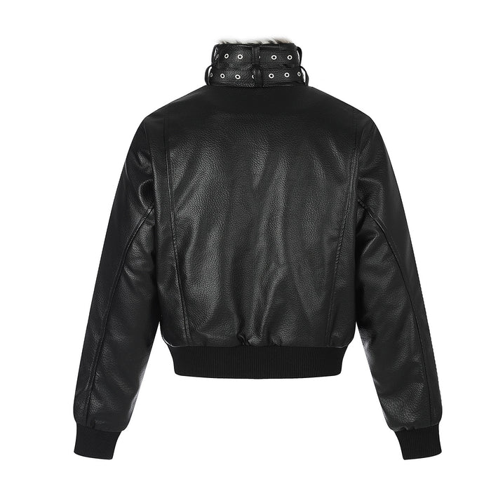 Black faux leather bomber jacket, back view showing the plain panel, fur collar, and ribbed hem