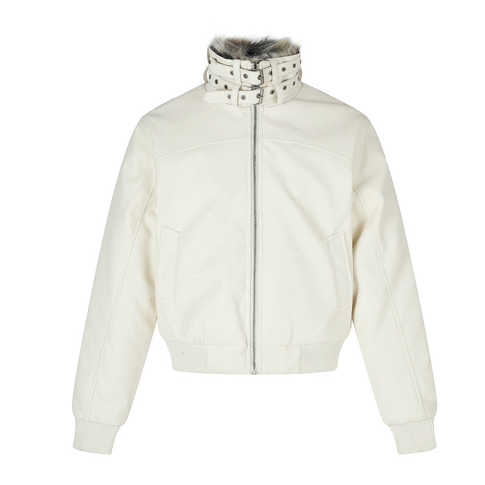 White faux leather bomber jacket with fur collar, front view showing zipper, pockets, and ribbed cuffs