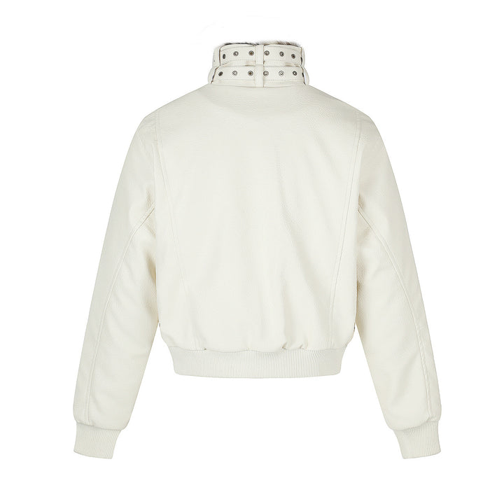 White faux leather bomber jacket, back view showing stitched panels, fur collar, and ribbed hem