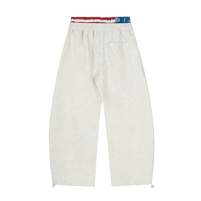 Back view of heather gray wide-leg sweatpants with plain back pocket and flag waistband