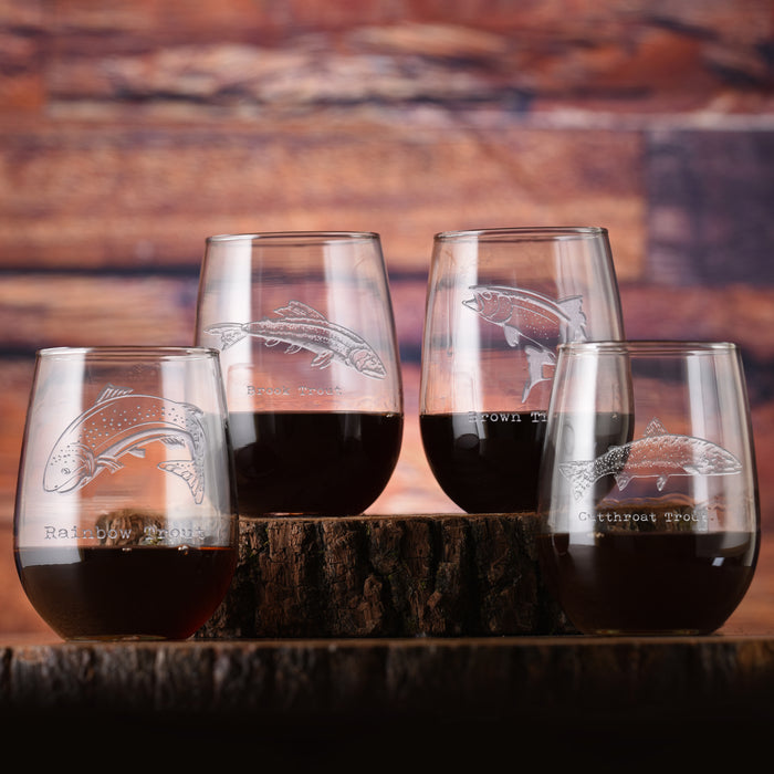 Fly Fishing Stemless Wine Glasses, Gift Set for Trout Fishermen