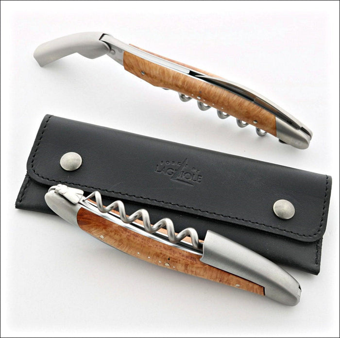 Forge de Laguiole Corkscrew Briarwood, close-up of satin steel and wood handle with black leather case.