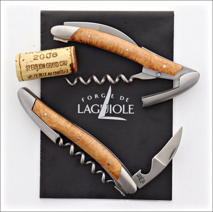 Forge de Laguiole Corkscrew Briarwood, top-down view showing satin steel and polished briarwood handle.