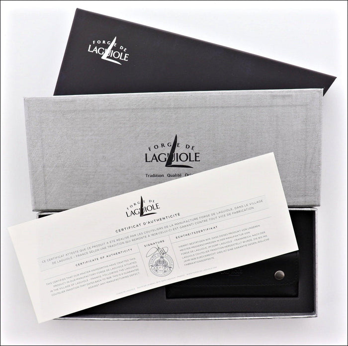 Forge de Laguiole Corkscrew Briarwood, top-down view of branded gift box with authenticity certificate.