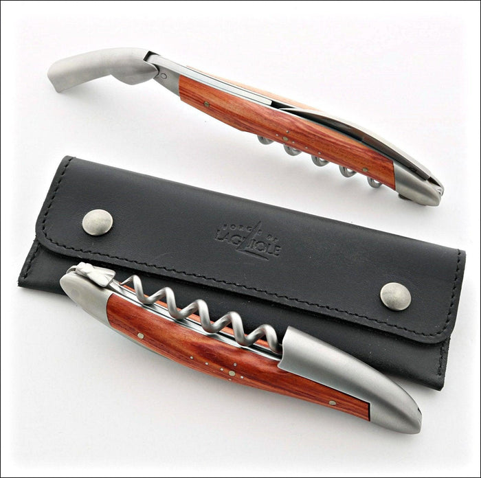 Forge de Laguiole Corkscrew Rosewood: top-down view showing satin steel, wood handle, and leather case.