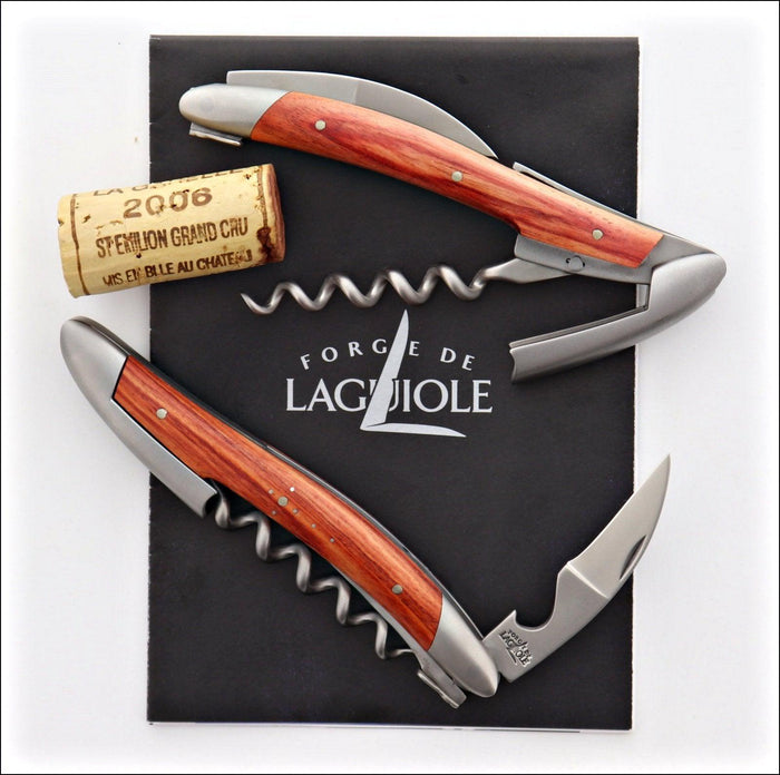 Forge de Laguiole Corkscrew Rosewood: top-down view of two satin-finish tools with wood handles.