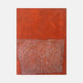 The artwork 'Form on Rust II' by Diane Englander features a striking abstract composition divided into two horizontal sections. The upper portion displays a vibrant rust-orange field, while the lower section showcases a textured, pale pink rectangular form. Created with papers, pencil and acrylic on canvas, the piece demonstrates a minimalist approach with rich textural elements.