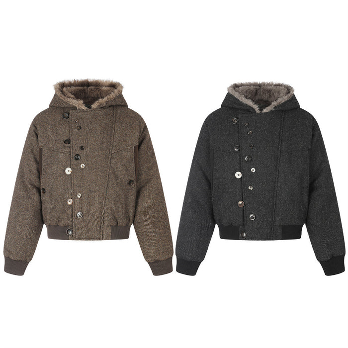 Fur-Trim Hooded Wool-Blend Bomber Jacket with Asymmetric Button Placket
