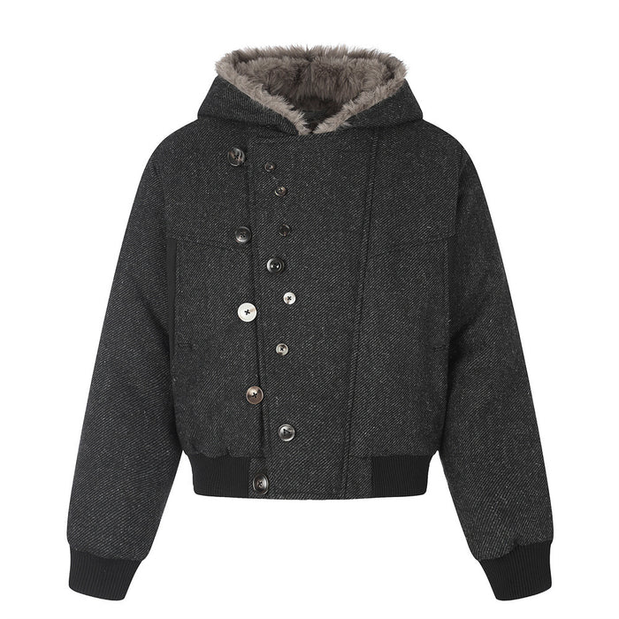 Fur-Trim Hooded Wool-Blend Bomber Jacket with Asymmetric Button Placket