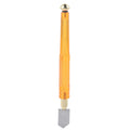 A glass cutter with a transparent amber handle and a diamond scoring tip.glass cutter, diamond tip, cutting tool, hand tool.