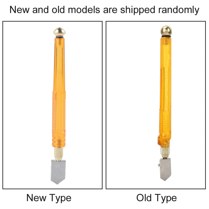 Two glass cutters are shown, labeled "New Type" and "Old Type," with slight design variations in their amber handles.glass cutter, new type, old type, cutting tool.
