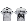 Front and back view of GlfsBrand white mesh football jersey with gothic logo, portrait graphic, star shoulder accents, and ov