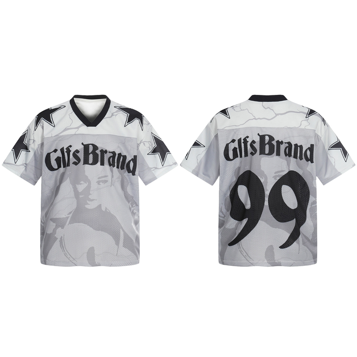 Front and back view of GlfsBrand white mesh football jersey with gothic logo, portrait graphic, star shoulder accents, and ov