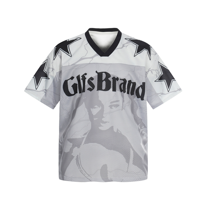 White and black mesh football jersey with star sleeves, portrait graphic, and GlfsBrand logo on front