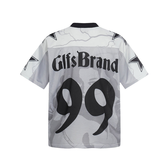 Gray mesh football jersey with black 99 graphic, GlfsBrand logo, and star-patterned sleeves on a white background