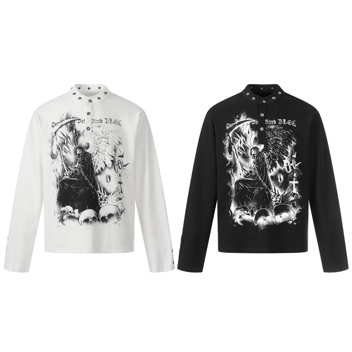 White long sleeve henley shirt with gothic Grim Reaper skull graphic print and metal snap button collar and cuff details