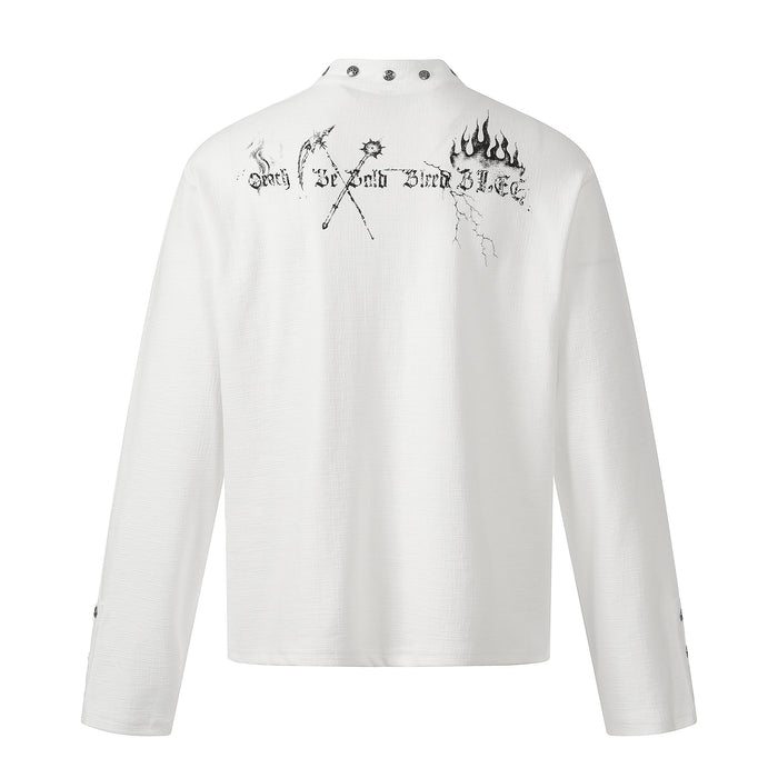 Back view of white long sleeve Henley shirt with small gothic text and flames at shoulders