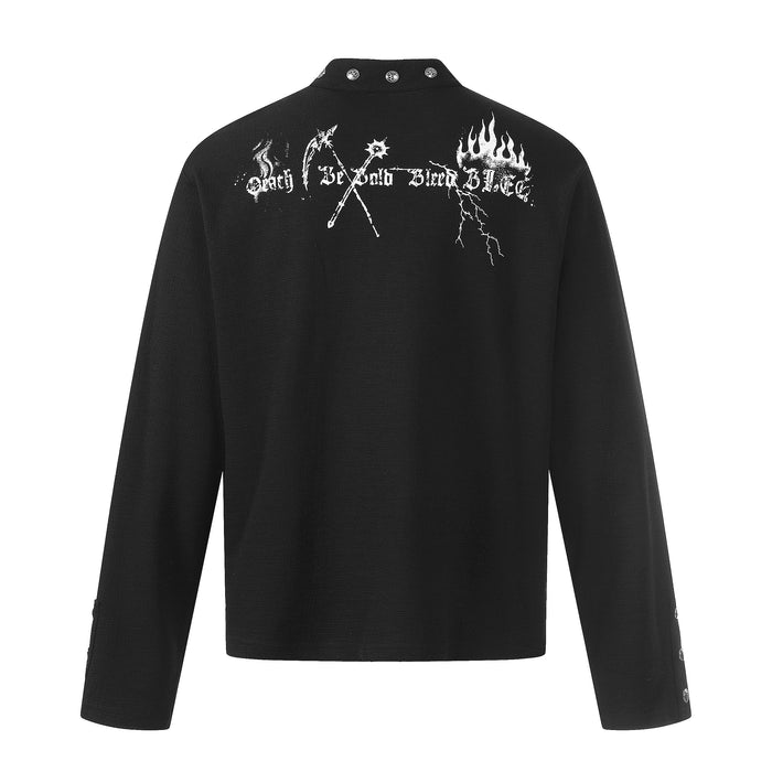 Back view of black long sleeve Henley shirt with gothic text, flames, and lightning print