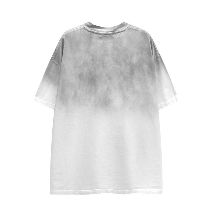 Washed gray oversized T-shirt with distressed fade and relaxed streetwear fit, shown from the back on a white background