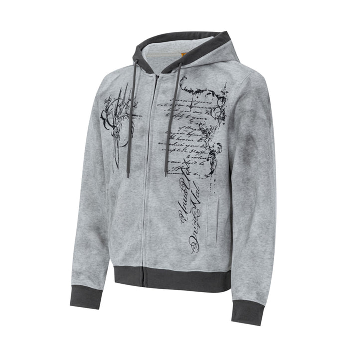 Angled front view of a light gray zip-up hoodie with black gothic graphics and vertical script