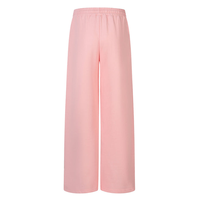 Plain pink wide-leg sweatpants shown from the back with a gathered elastic waistband