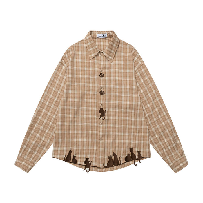 Oversized green plaid long-sleeve shirt with cat silhouette and paw print embroidery on the front placket and hem