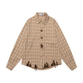 Oversized green plaid long-sleeve shirt with cat silhouette and paw print embroidery on the front placket and hem