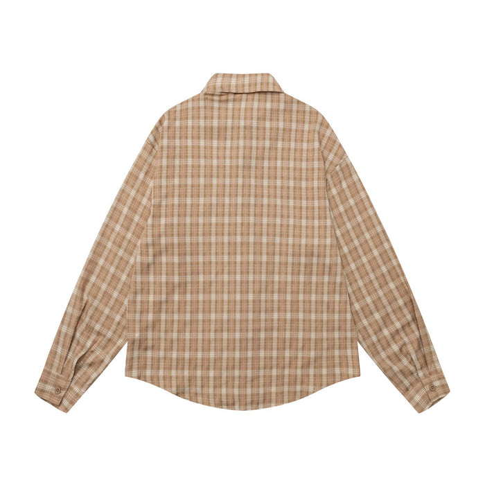 Back view of a tan plaid long-sleeve button-up shirt with a curved hem