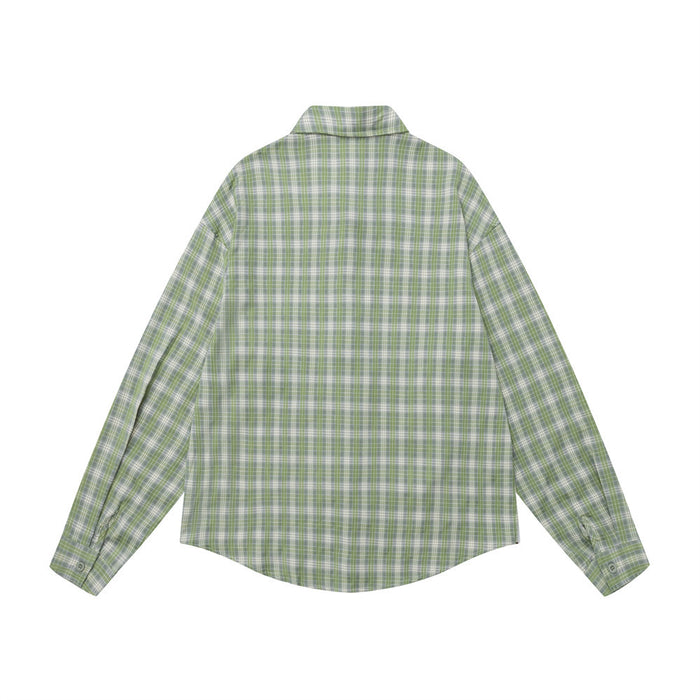 Back view of a green plaid long-sleeve button-up shirt with a curved hem