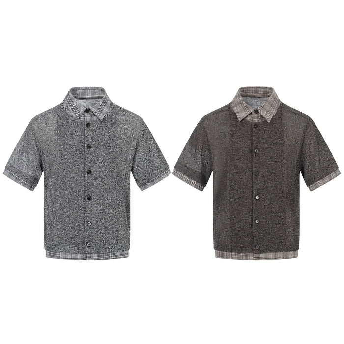 Omirad layered knit check shirt in light grey and dark charcoal, showing contrast plaid collar, cuffs, and hem detail