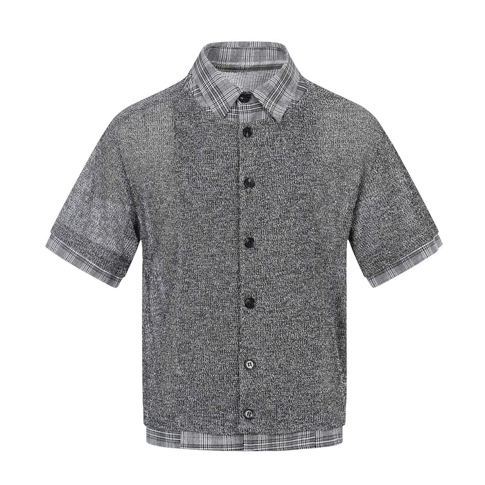Grey layered knit short sleeve shirt with plaid collar, cuffs, and hem, button front, and textured streetwear styling