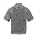 Grey layered knit short sleeve shirt with plaid collar, cuffs, and hem, button front, and textured streetwear styling