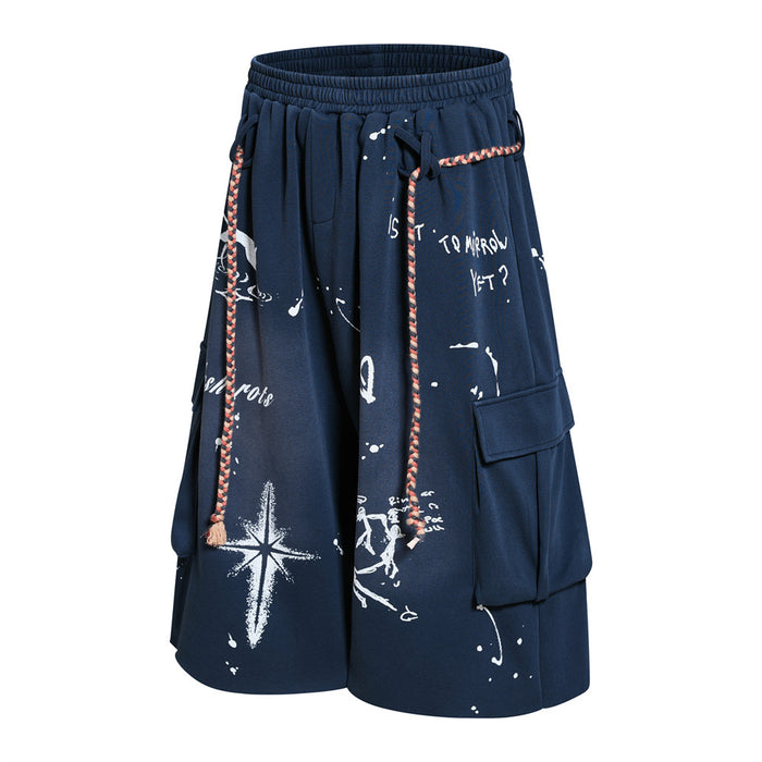 Navy graffiti cargo shorts with rope drawstring, angled front view