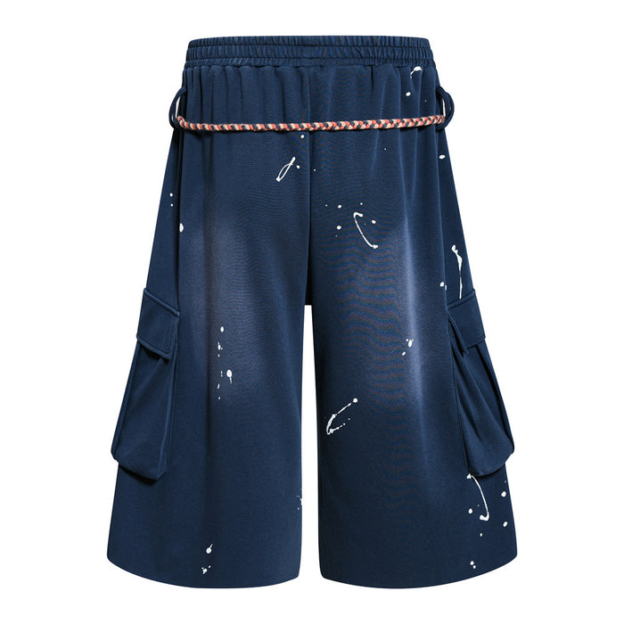 Navy graffiti cargo shorts with rope drawstring, back view