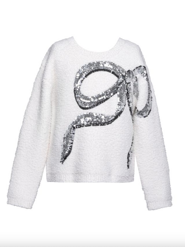 Hannah Banana-Knit Pullover Sweater with Sequins Embroidered Bow