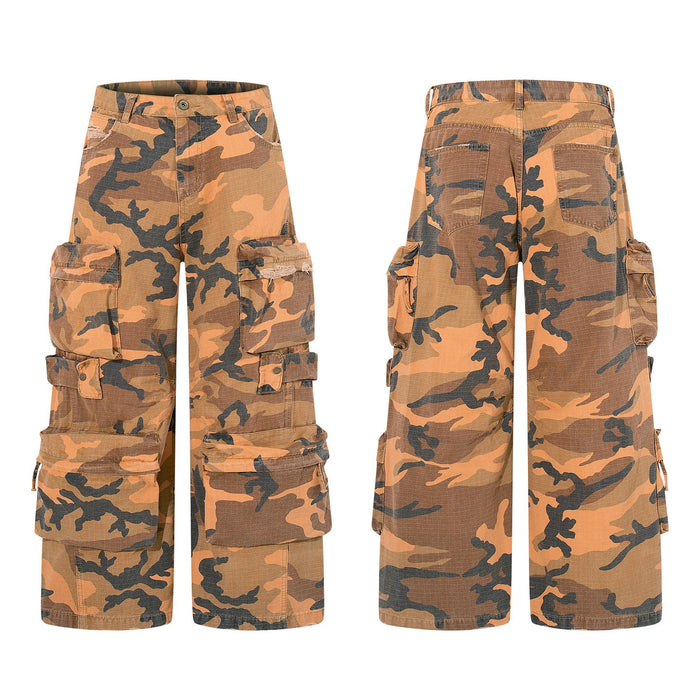 Front and back view of wide-leg desert camo multi-pocket cargo pants with layered flap pockets on both legs