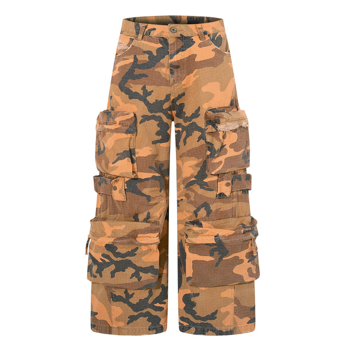 Front view of orange and brown camo cargo pants with wide legs and flap pockets