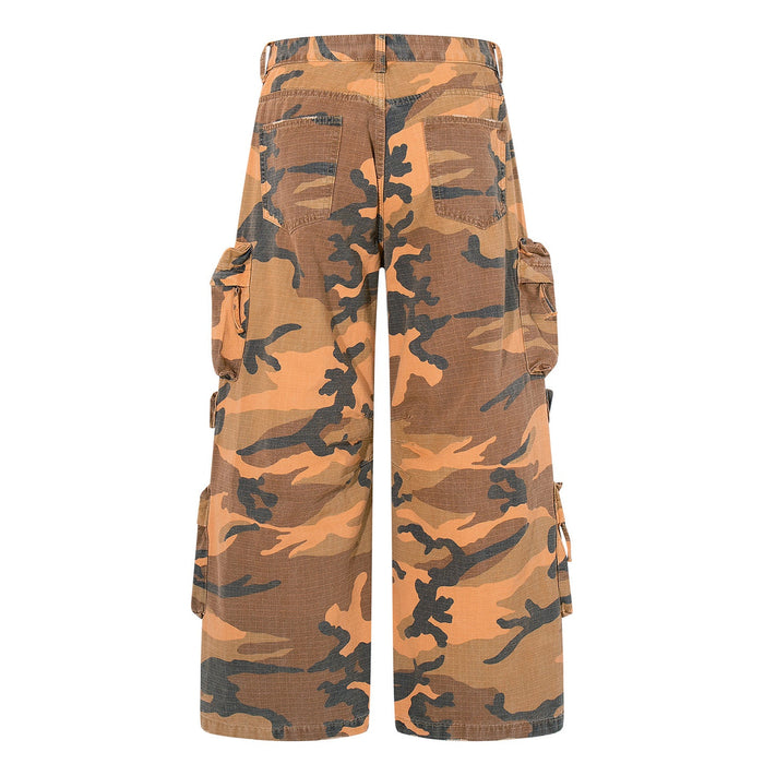 Back view of wide-leg camouflage cargo pants with rear patch pockets