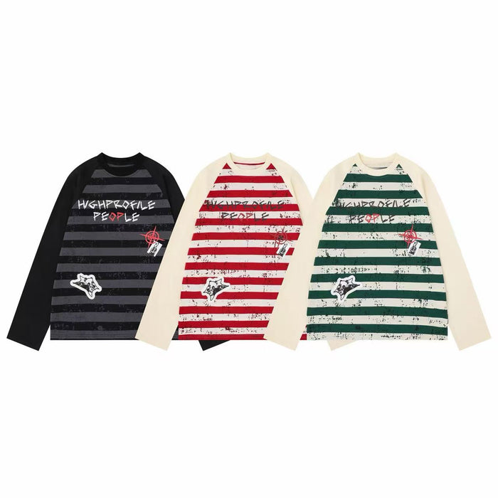 Black and charcoal striped raglan long sleeve tee with Highprofile People graffiti print and star patch detail