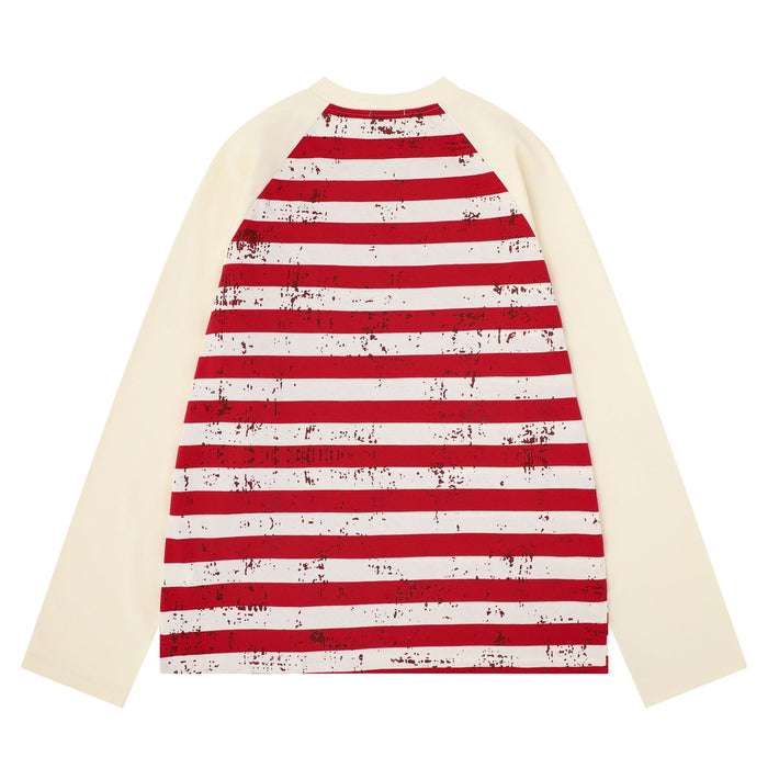 Back view of cream raglan long sleeve tee with red striped body and sleeves